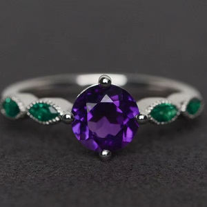 Anillo de Amatista con Corte Redondo, Anillo de Compromiso de Plata de Ley, Gema Púrpura, Joyería de Piedra de Nacimiento de Febrero - Product Image 1