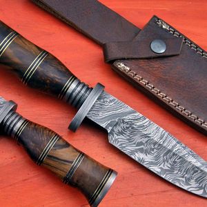 Couteau de chasse à lame fixe en acier Damas forgé à la main, avec étui en cuir, pour le camping en plein air, la survie et le bushcraft, fait main sur mesure - Product Image 5