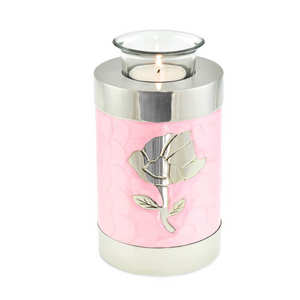 Urna de Cremación de Metal, Latón/Aluminio, Color Rosa con Flores Plateadas, para Guardar Cenizas Funerarias, Estilo Moderno - Product Image 1