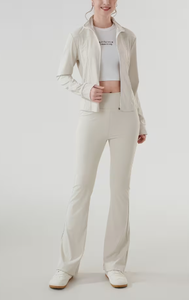 Ensemble sportif 2 pièces beige pour femme, en tricot Spandex/Coton, avec veste à manches longues color block et fermeture éclair, coupe régulière, respirant, toutes saisons - Product Image 4