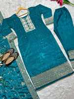 DESAINER CHINON SILK EMBROIDERY SEQUENCE WORK HAND WORK DIAMOND TOP-BOTTOM VINTAGE PARTY RAMA DUPATTA 78949