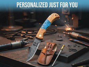 มีดพับเหล็กดามัสกัส ด้ามไม้มะกอกและหินเทอร์ควอยซ์ พร้อมปลอกมีดพกพา EDC สำหรับล่าสัตว์ ตั้งแคมป์ มีดสั่งทำพิเศษ OEM - Product Image 3