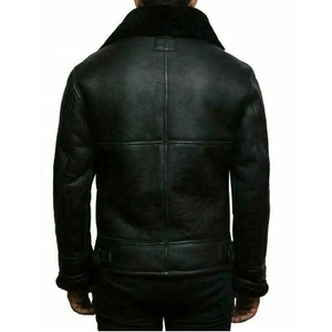 Men's Black Shearling Aviator Jacket Leather Look <b>Fur</b> Lined Winter <b>Coat</b> with Plush Collar Cuffs Custom <b>Vintage</b> Outerwear - Product Image 3