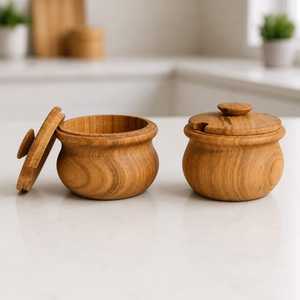 Boîte de rangement ronde en bois écologique avec couvercle pour comptoir de cuisine, organisateur de sel, d'épices et de condiments - Product Image 5