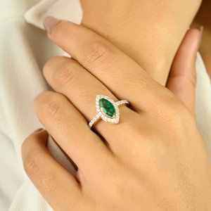 18K Solid Gold Marquise Emerald Diamond Halo Wedding <b>Ring</b> <b>Resizable</b> - Product Image 5