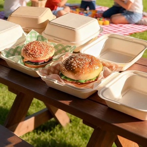 Sugarcane Bagasse Burger Box 6x6 Inches Disposable Clamshell Food <b>Container</b> Eco Friendly <b>Takeaway</b> Packaging Boxes for Restaurant - Product Image 1
