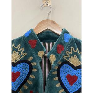 Hand Embroidered <b>Velvet</b> Knitted Cotton <b>Jacket</b> <b>Women</b> Mandarin Collar Full Sleeve Floral Pattern Open Front Prairie Winter/Spring - Product Image 4