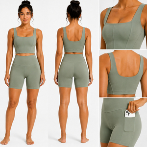 Women Casual Square Neck Yoga Set <b>High</b> Waist Pocket Biker Shorts Fitness Gym Workout Activewear Set Polyester/Cotton Summer - Product Image 5