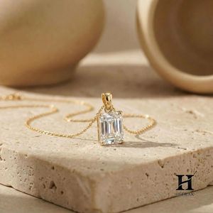 14k <b>Solid</b> <b>Gold</b> Emerald Cut Moissanite <b>Pendant</b> Necklace Minimalist Solitaire Engagement Jewelry Gift for Women - Product Image 5