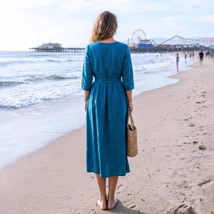 Robe d'été décontractée en lin plissée à la taille avec poches et manches 3/4, grande taille pour femme - Product Image 2