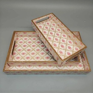 Best deeling fantastic wooden serving tray with floral dual toned enamel printed <b>set</b> of <b>3</b> pcs amazing dining setup - Product Image 1