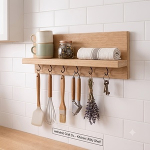 Étagère de rangement murale moderne et écologique à 2 niveaux avec 6 crochets, en bois noir, pour épices, ustensiles et décoration intérieure - Product Image 4
