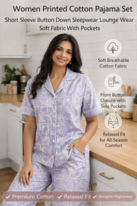 Conjunto de Shorts de Algodón con Estampado Floral Premium para Mujer, Camiseta de Manga Corta con Cuello en V, Ropa de Dormir, Ropa de Estar por Casa con Bolsillos - Product Image 6