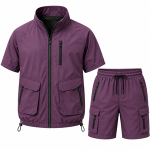 Grace Collection Men's Hooded Quarter-<b>Zip</b> Upper Shorts Set Solid Color Quick Dry Knitted Fleece 100% Polyester Streetwear Winter - Product Image 2