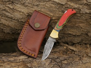 Couteau de combat pliant à lame Damas avec manche en bois gravé d'un aigle et étui en cuir - Qualité industrielle - Product Image 6