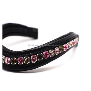 Banda de cuero acolchada para cejas de caballo, hecho a mano diseño personalizado, cosido completo con cristales morados y negros, forma curva, canal vacío - Product Image 2