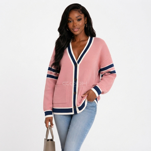 Cosh International Sorority Custom Logo Sisterhood Acrylic V-Neck <b>Cardigan</b> With <b>Navy</b> Contrast Stripes And Pockets - Product Image 1