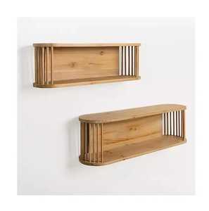 Set of 2 Natural Pine Wood Oval Floating Wall Shelves Modern Slatted Rail Storage Rack for <b>Bathroom</b> <b>Kitchen</b> Living Room Ledge - Product Image 1