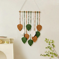 Décoration murale en macramé en forme de feuille, style bohème, feuillage rectangulaire, pour salon, chambre, décoration intérieure, fleurs en coton vert, marron, blanc