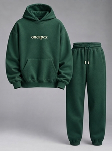 Ensemble de survêtement homme hiver uni vert à capuche, coupe classique, en coton épais, style streetwear, écoresponsable, personnalisable - Product Image 2