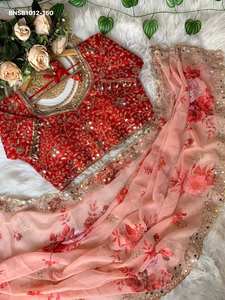 Proveedor de conjuntos de sari y blusa de georgette de primera calidad para fiestas, con estampados florales, bordados con lentejuelas y trabajo con espejos, de la India. - Product Image 6