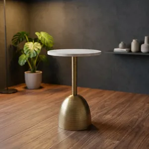 Modern <b>Round</b> White Marble Top Side <b>Table</b> with Brushed <b>Gold</b> Metal Pedestal Base Contemporary Accent Furniture for Living Room - Product Image 3