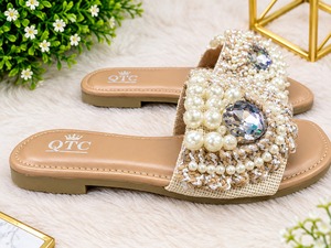 Women Pearl Beaded Flat Slide <b>Sandals</b> Suede Upper Pointed Toe Comfortable Anti-Slip <b>Elastic</b> Band Outdoor All Season Shoes - Product Image 4