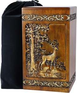 Carved Deer And Forest Wooden Cremation Urn For Human Ashes Memorial <b>Keepsake</b> With Velvet Bag - Product Image 1
