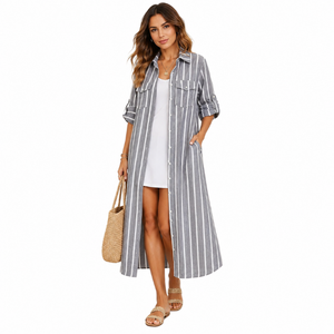 Hot Sale Striped Long Shirt <b>Dress</b> With Pockets Turn-down Collar short sleevs casual Spring/Summer Breathable Long Jacket T-Shirt - Product Image 1