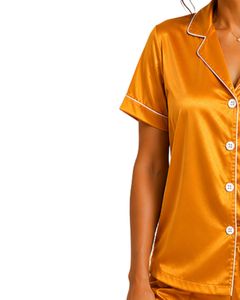Conjunto de Pijama de Satén Amarillo Dorado Personalizado por el Fabricante, Ropa de Dormir de Seda para Mujer, Bordado de Rosas, Conjunto de Ropa de Dormir Suave de Manga Corta - Product Image 4
