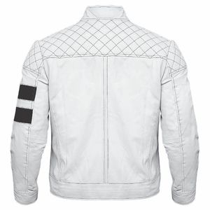 Blouson moto en cuir PU blanc pour homme, col montant, fermeture éclair, motif géométrique, coupe classique, style automne - Product Image 3