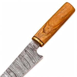 Couteau de chef Bunka artisanal en acier Damas avec manche en bois d'olivier naturel et collier en laiton - Product Image 2