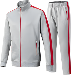 Men's Gray Red Stripe Tracksuit Set Full <b>Zip</b> Stand Collar Sweatshirt With Side <b>Pockets</b> And Matching <b>Joggers</b> Sporty Autumn Style - Product Image 1