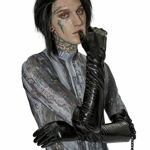 Black PU Opera-Length <b>Gloves</b> With Ruched Design Punk Style Unlined For Party Wear - Product Image 6