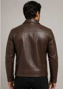 Champ King Men's <b>Brown</b> Embossed <b>Leather</b> <b>Jacket</b> With Green Satin Lining Stand Collar Zipper Closure - Product Image 3