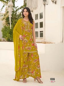 Ensemble Kurti en tissu viscose soyeux avec broderie et travail manuel de créateur, doublure intégrée et dupatta à imprimé numérique - Product Image 5