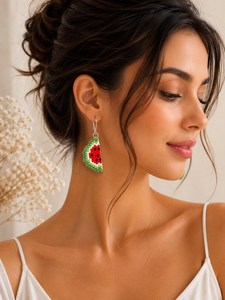 Factory Price Cute Watermelon Beaded <b>Drop</b> Earrings Women's Silver Plated Fashion Jewelry Acrylic Resin Fruit Pattern Style By UO - Product Image 3