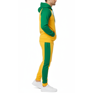 Chándal Vibrante Amarillo y Verde para Hombre |   Sudadera con capucha raglán y pantalones con franja lateral verde en contraste |   Ropa Deportiva de Dos Tonos - Product Image 3