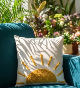 Funda de Cojín Cuadrada con Motivo de Amanecer, Hecha a Mano y con Técnica Tufted, en Crema y Amarillo, Proveedor Mayorista Directo de Fábrica - Product Image 3
