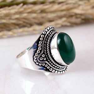 Anillo de Plata de Ley 925 con Ónix Verde, Hecho a Mano, Estilo Bohemio Vintage, con Cuentas y Hojas, Joyería de Boda con Piedras Preciosas para Unisex - Product Image 2