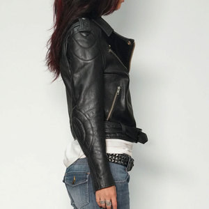 Black Leather Jacket Women Shiny Zipper Fashion OEM Pockets Customized Wholesale Genuine Leather Motorbike Jacket - Product Image 4