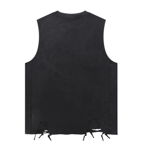 Débardeur Homme Noir Sans Manches Col Rond Tricoté Décontracté à Ourlet Effiloché Couleur Unie Style Col Rond - Product Image 2