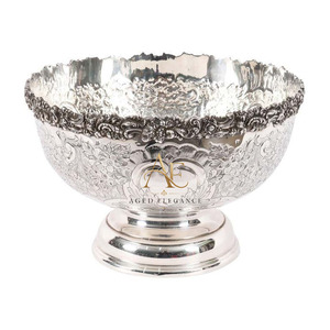Royal Antique Carved Silver Punch Beer Bowl Embossed Floral Design, Pedestal Base Luxury Wedding Party Wine Beverage Tub Supply - Product Image 1