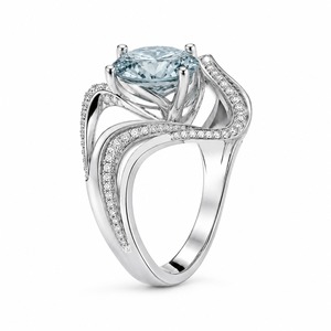 Bague de fiançailles ovale en aigue-marine, monture pavée en or blanc, sertie de griffes, bijoux fins romantiques pour femme - Product Image 3