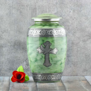 "Serene Green Marble Texture Metal Cremation Urn with Engraved Cross & Dove - Elegant Handcrafted <b>Memorial</b> Jar for Human Ashes w - Product Image 1