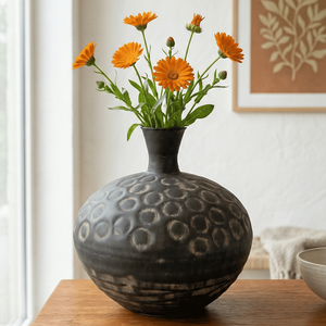 Vase à fleurs en métal artisanal moderne, finition texturée noire à fossettes, centre de table rond décoratif, unité individuelle uniquement - Product Image 1