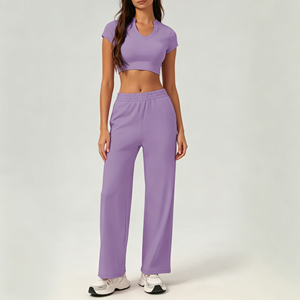 Pantalones Deportivos de Cintura Alta y Pierna Ancha para Mujer, Top Corto de Yoga de Manga Corta, Ropa Deportiva Sólida para Gimnasio con Cintura Elástica - Product Image 3