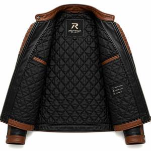 Chaqueta de Motociclista de Cuero Negra y Marrón para Hombre, Cuello Alto, Cierre de Cremallera, Estilo Motero, Diseño con Bloques de Color - Product Image 4