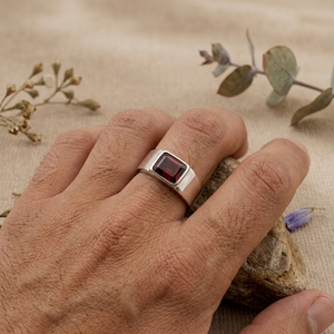 Mens Emerald Cut <b>Garnet</b> Signet <b>Ring</b> Silver Minimalist Statement Band Vintage Gemstone <b>Ring</b> for Men - Product Image 5