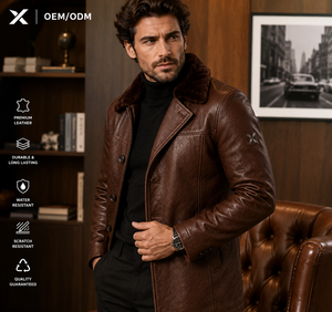 Manteau long en cuir véritable pour homme X Sports City, double boutonnage, col à revers et fermetures éclair, disponible en plusieurs couleurs - Product Image 4